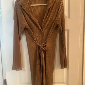 Golden Brown Ribbed Long Sleeve Dress